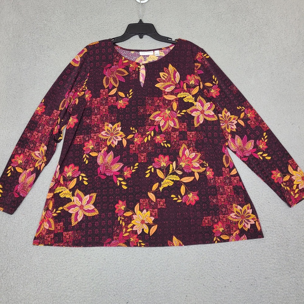Susan Graver Liquid Knit Floral Tunic Top XL Burgundy Pink Gold Keyhole Neck
